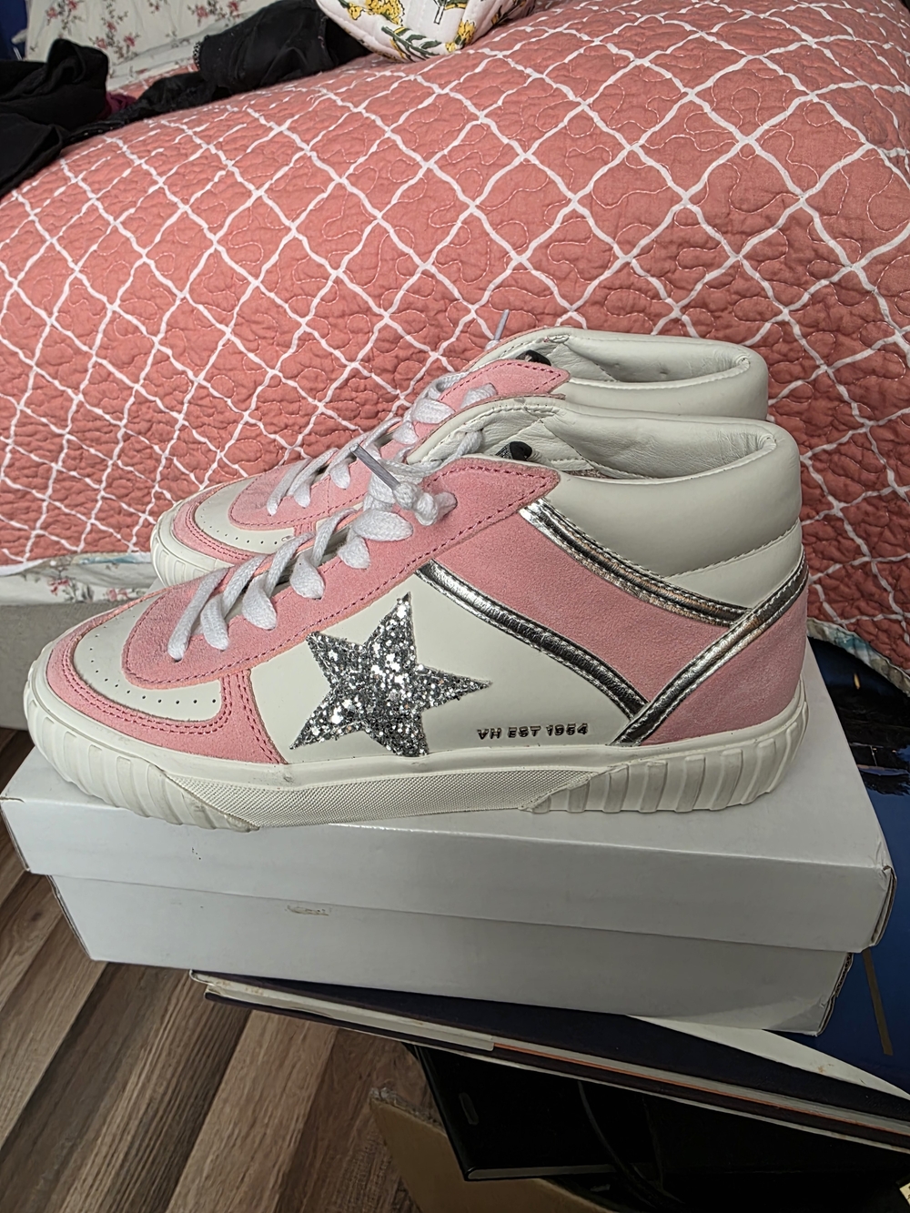 Vintage Havana Women’s Pink & White High-Top Sneakers with Silver Star Accent